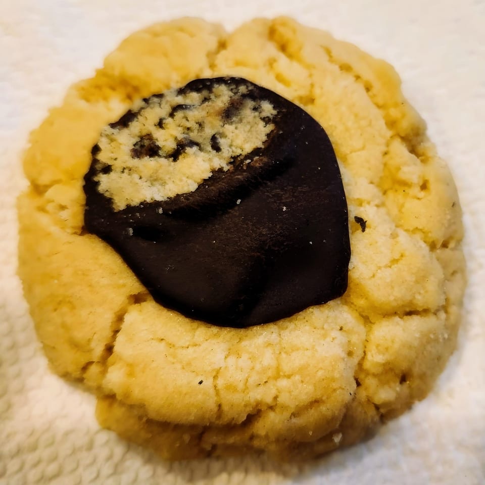 A golden-brown cookie with a dark chocolate center, sprinkled with crumbs, on a white surface.